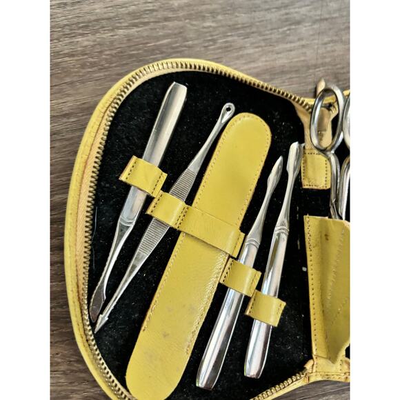 Vintage Manicure Kit Yellow Leather Travel Case Metal Tools - Picture 7 of 9